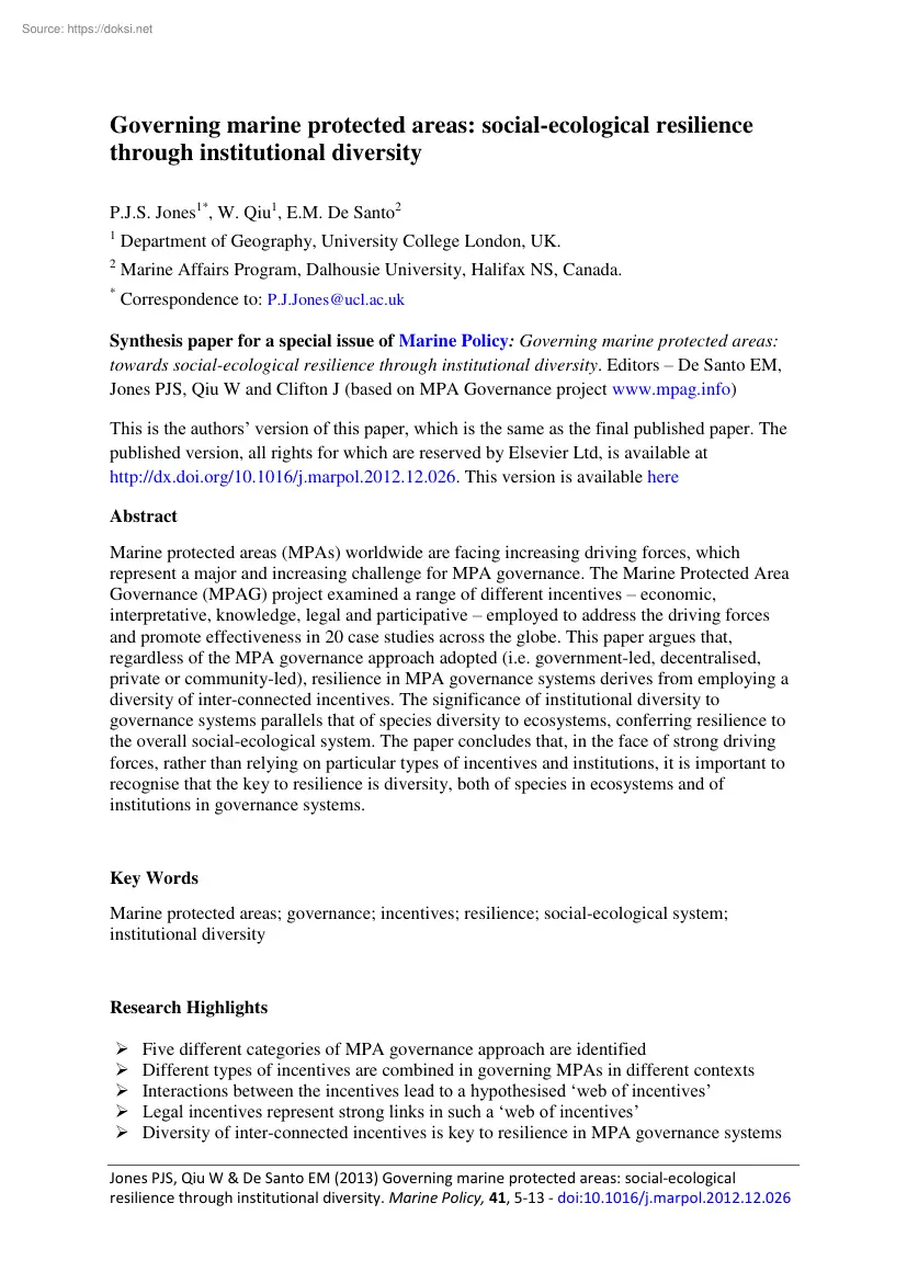 Governing marine protected areas, social-ecological resilience through institutional diversity