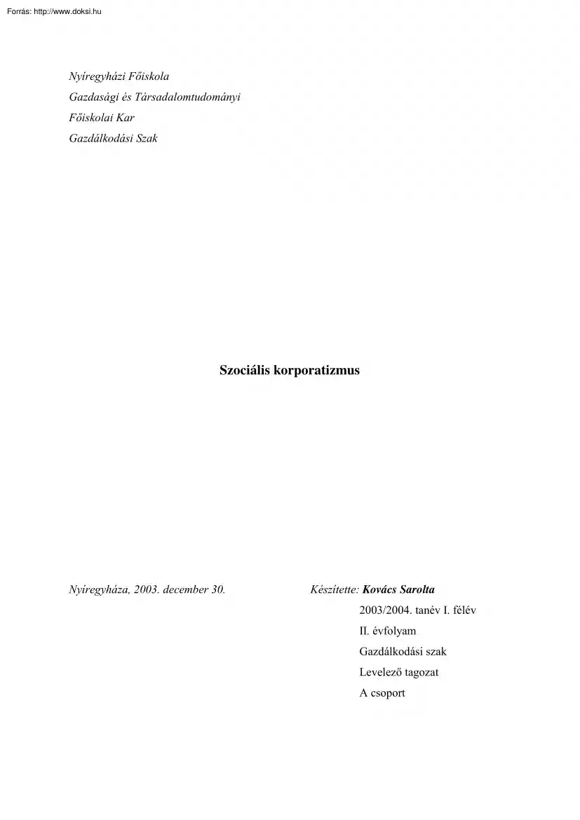 Kovács Sarolta - Szociális korporatizmus