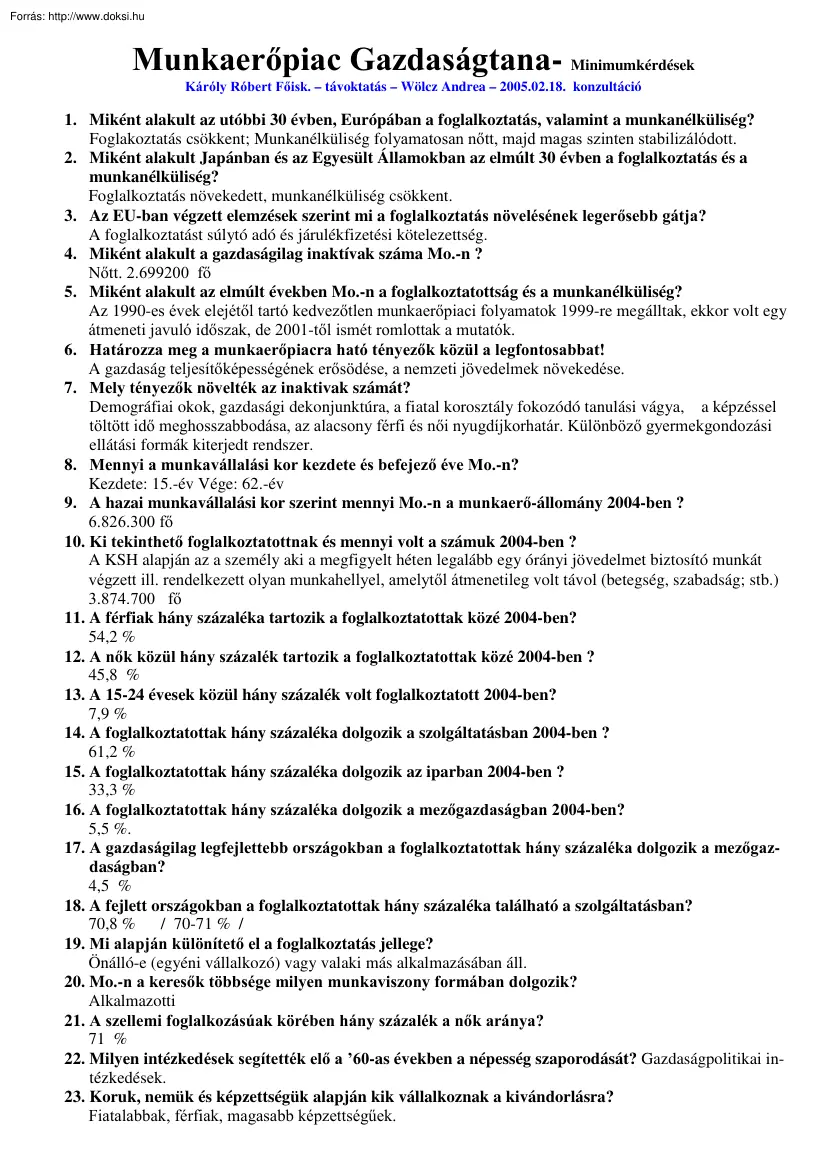 Wölcz Andrea - Munkaerőpiac gazdaságtana minimumkérdések