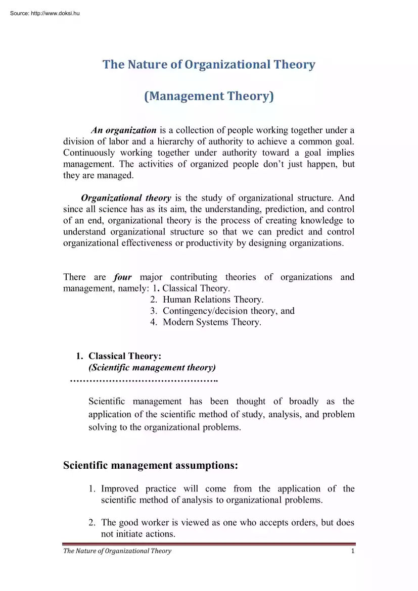 The nature of organizational theory, management theory