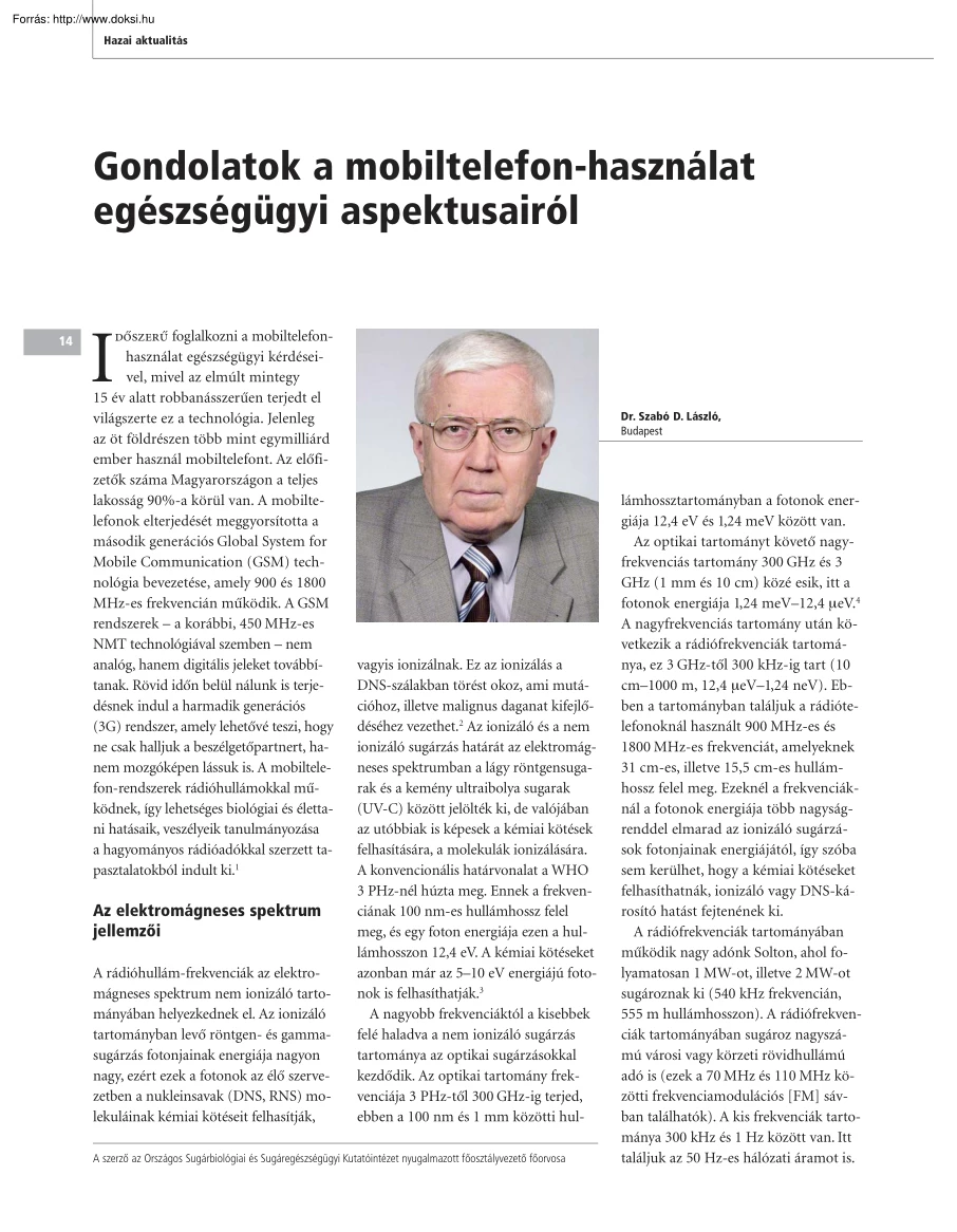 Dr. Szabó D. László - Gondolatok a mobiltelefon-használat egészségügyi aspektusairól