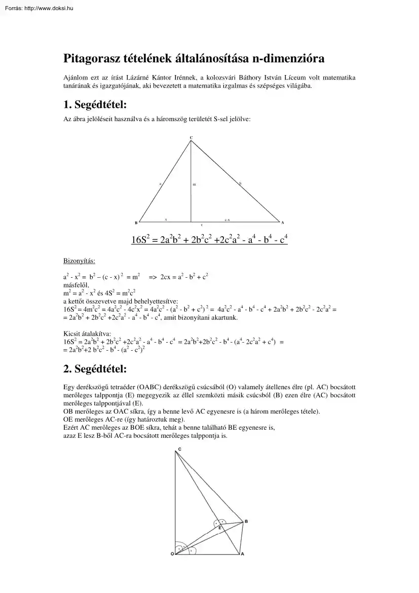 Méder István - Pitagorasz tételének általánosítása n dimenzióra