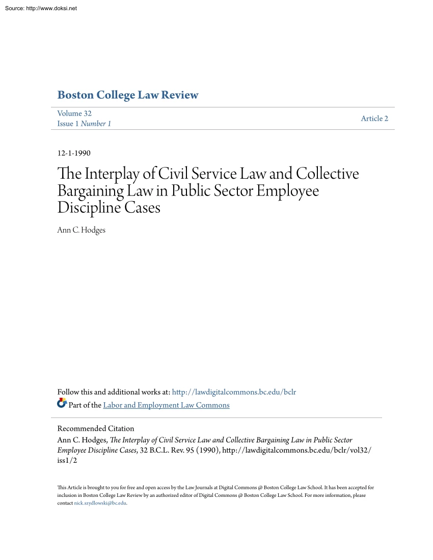 Ann C. Hodges - The Interplay of Civil Service Law and Collective Bargaining Law in Public Sector Employee Discipline Cases
