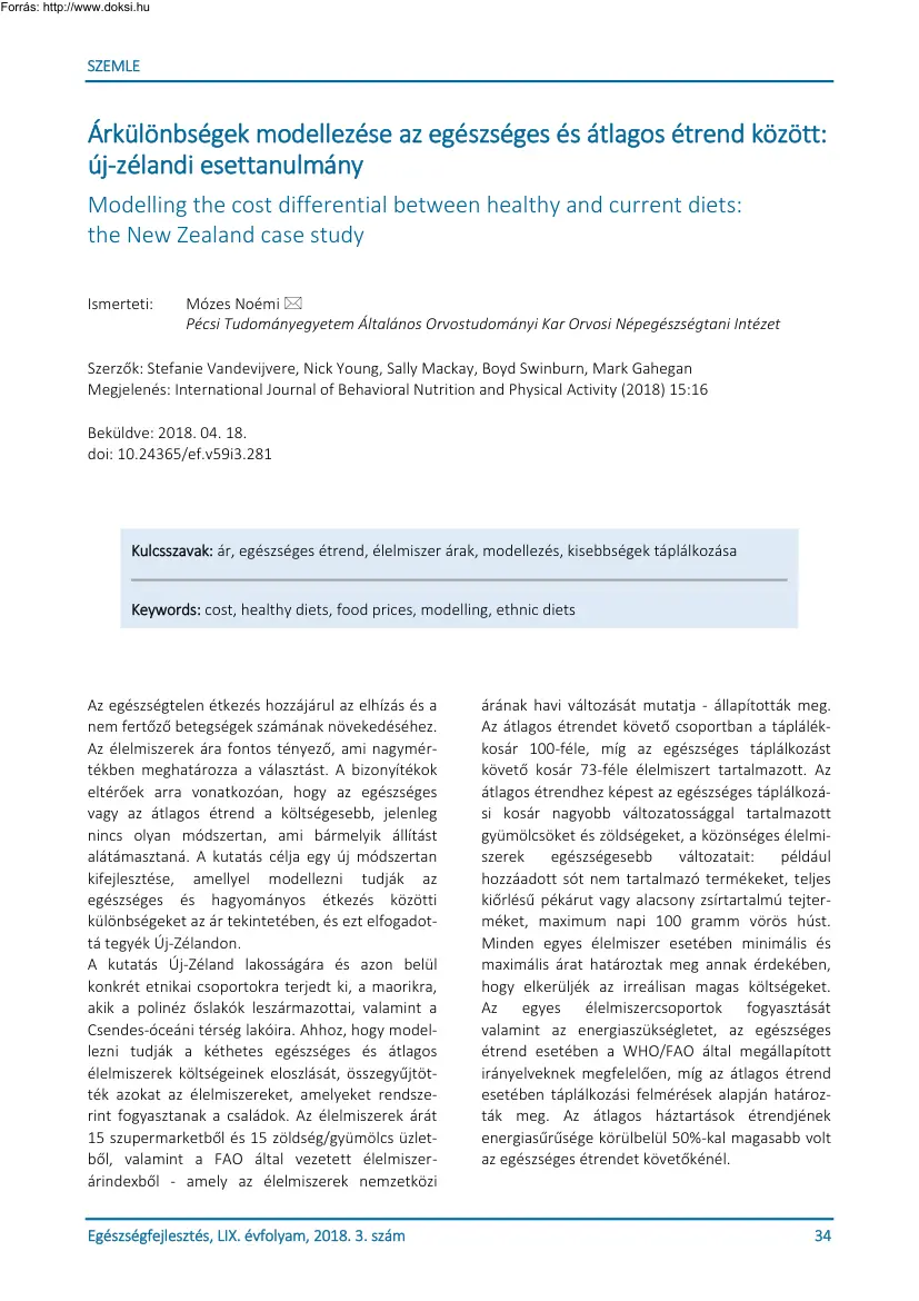 Mózes Noémi - Árkülönbségek modellezése az egészséges és átlagos étrend között