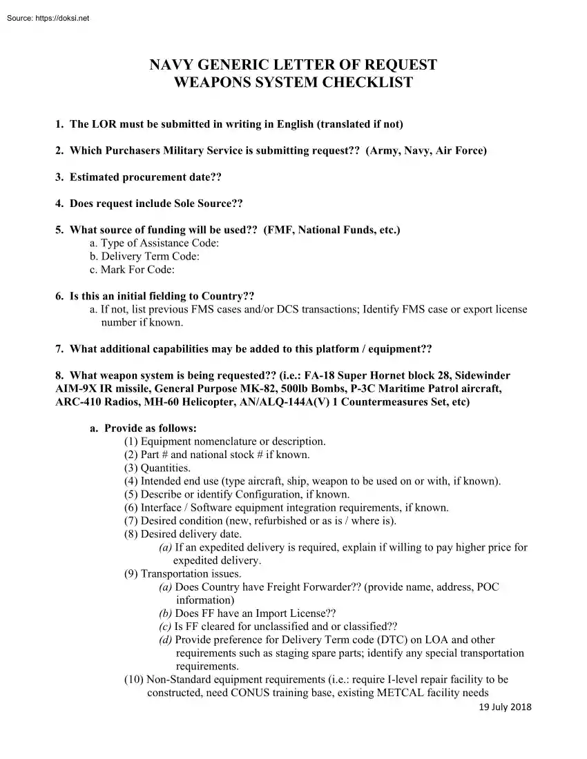 Navy Generic Letter of Request Weapons System Checklist