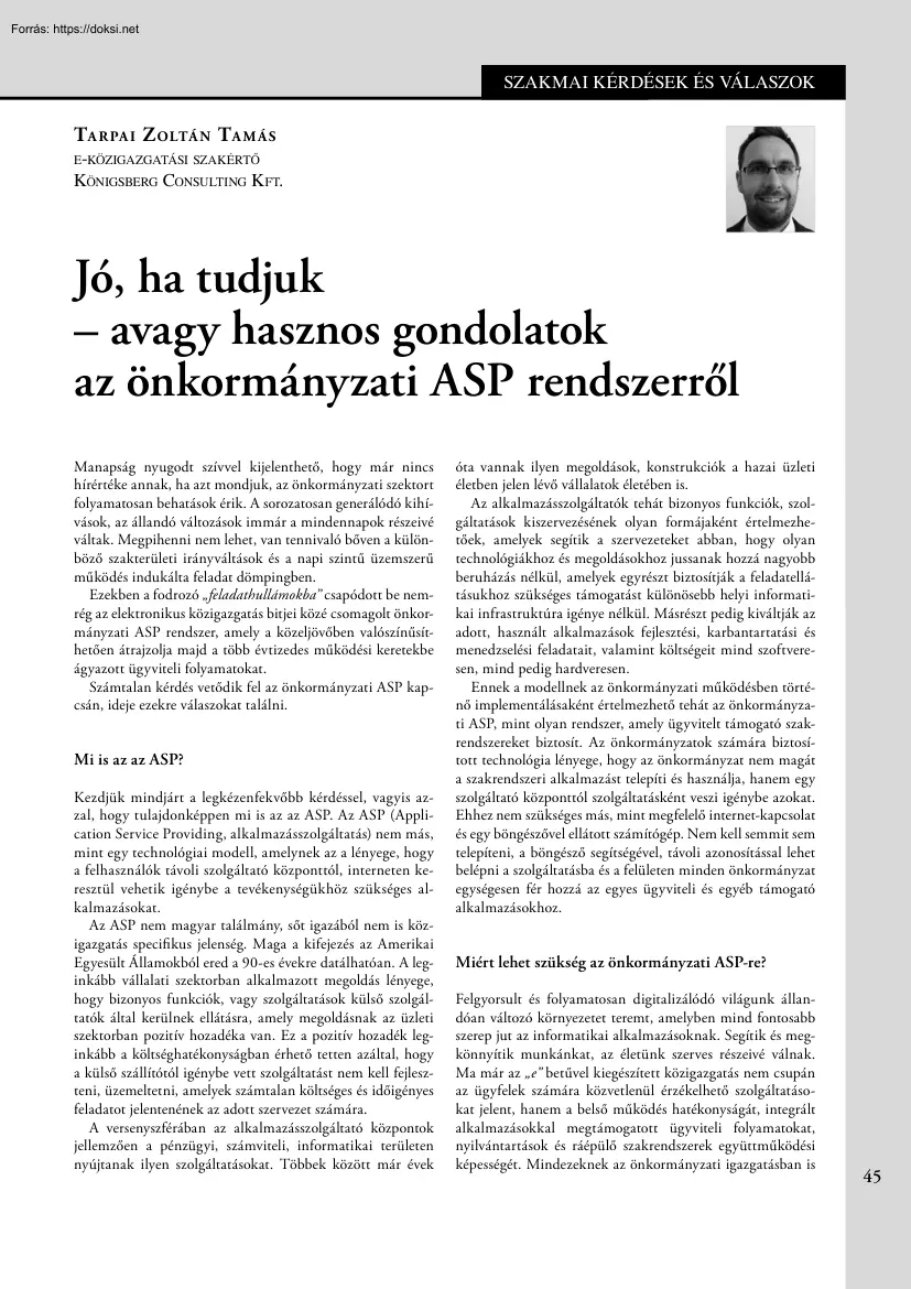Tarpai Zoltán Tamás - Hasznos gondolatok az önkormányzati ASP rendszerről