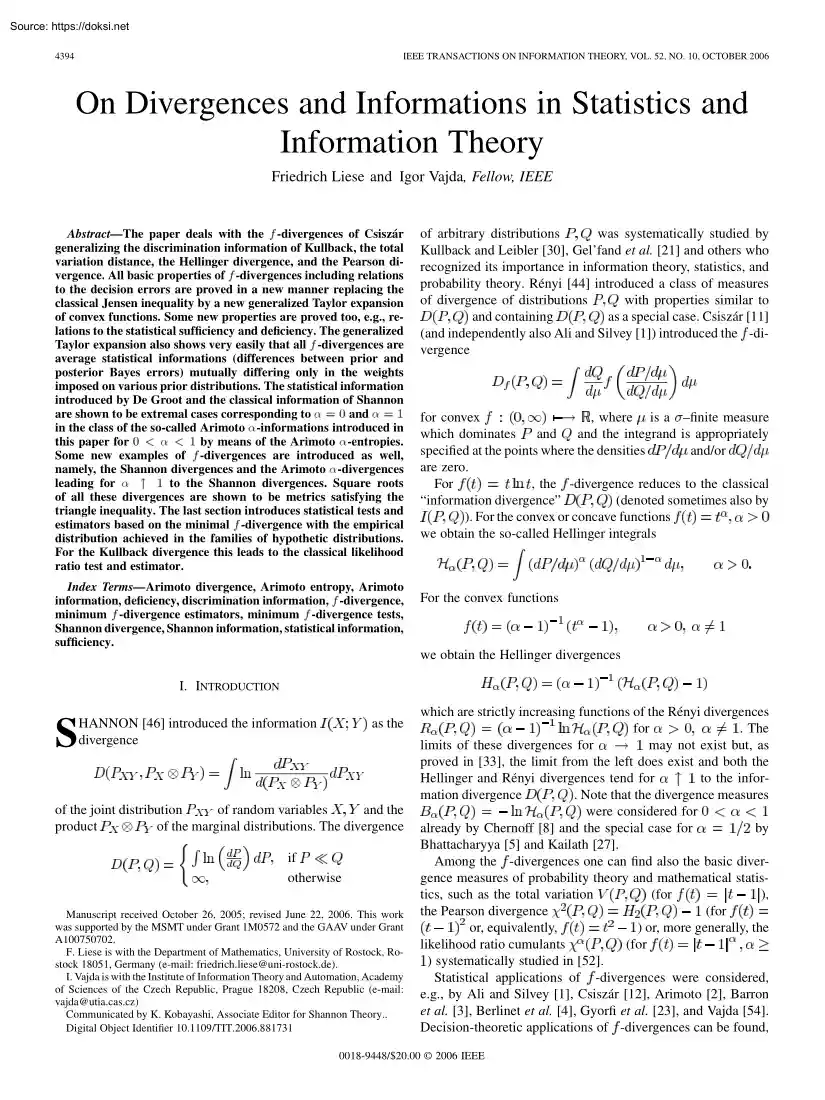 Liese-Vajda - On Divergences and Informations in Statistics and Information Theory