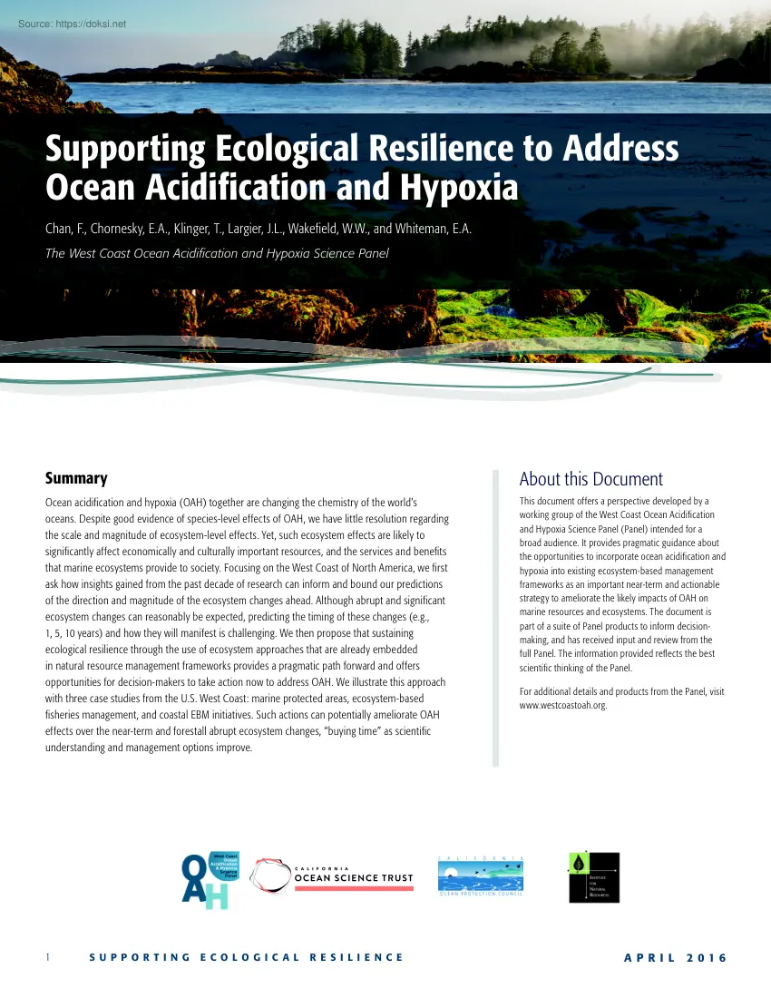 Supporting Ecological Resilience to Address Ocean Acidification and Hypoxia