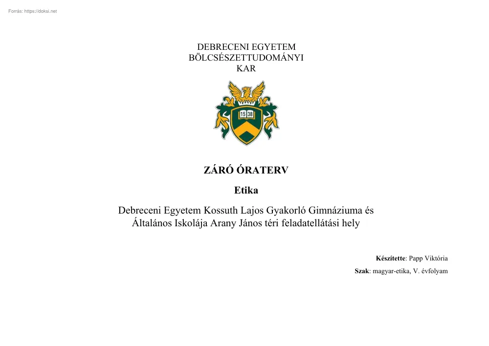 Papp Viktória - Etika, záró óraterv