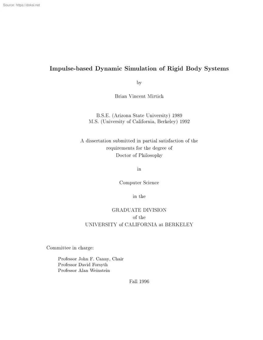 Brian Vincent Mirtich - Impulse based Dynamic Simulation of Rigid Body Systems