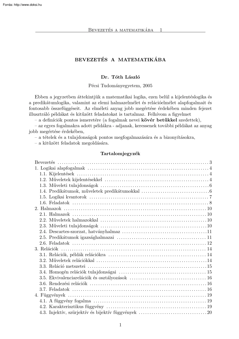 Dr. Tóth László - Bevezetés a matematikába