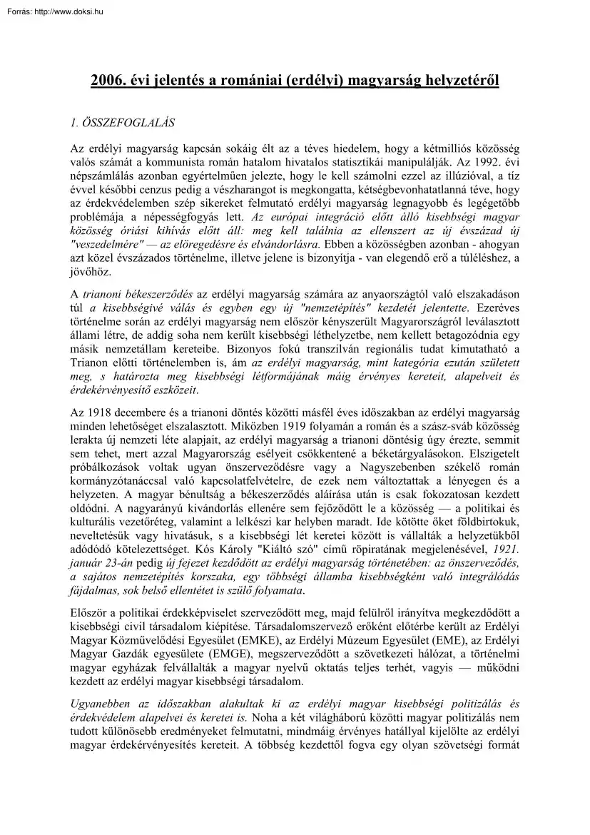 2006. évi jelentés a romániai (erdélyi) magyarság helyzetéről