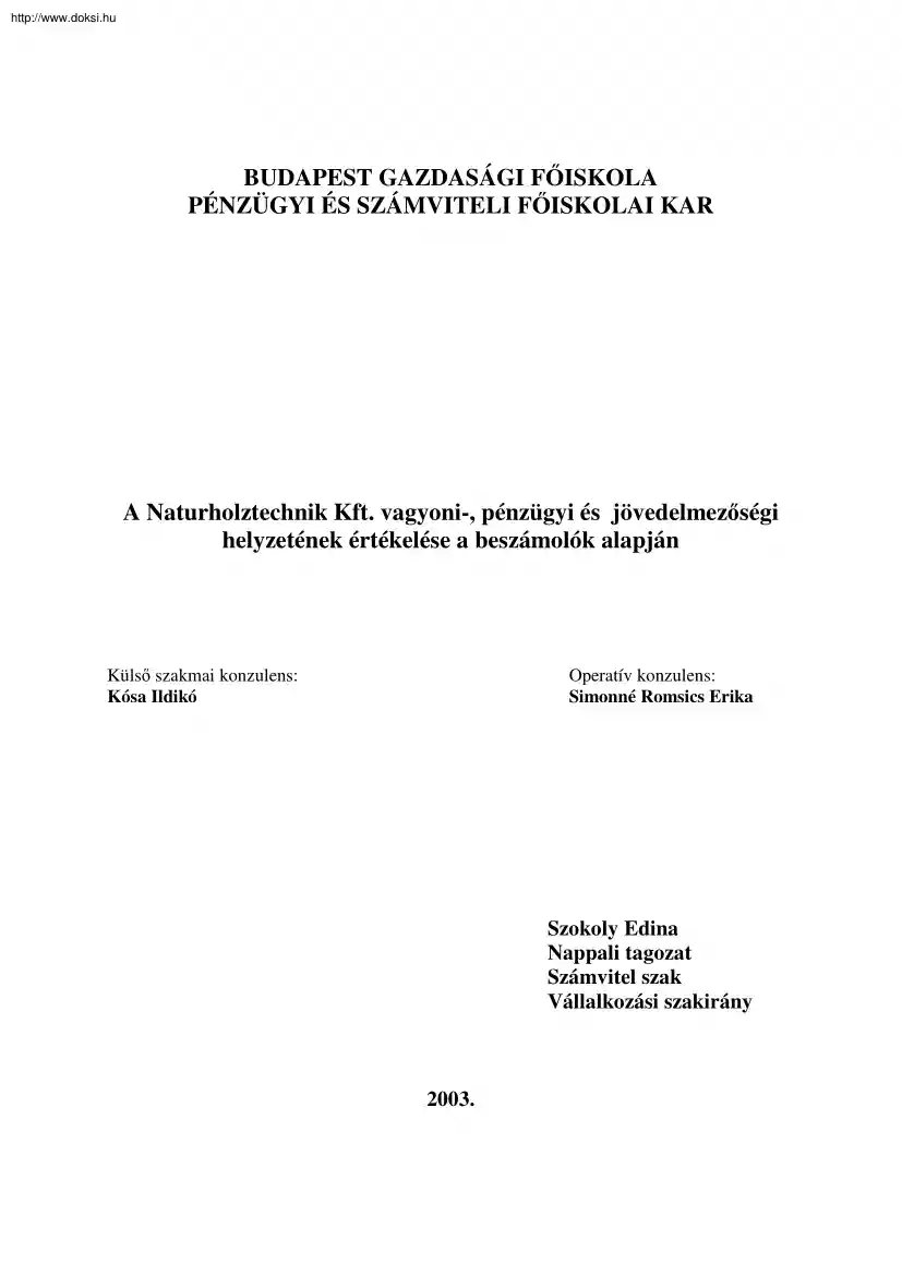 Szokoly Edina - A Naturholztechnik Kft. vagyoni-, pénzügyi és jövedelmezőségi helyzetének értékelése a beszámolók alapján