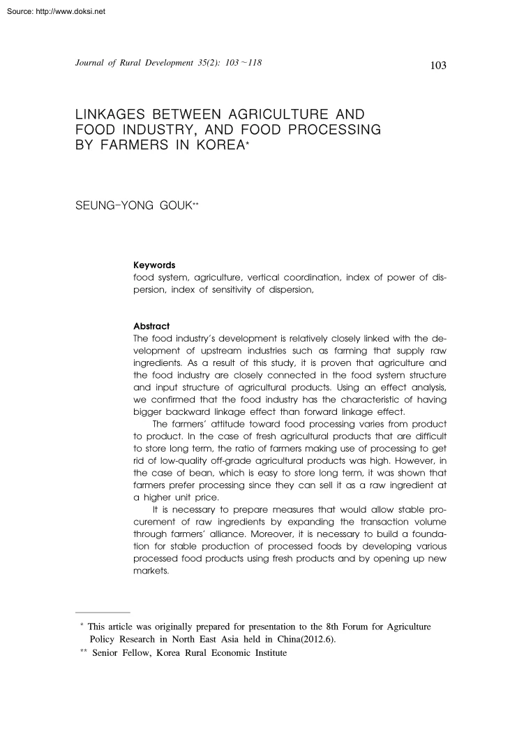 Seung Yong Gouk - Linkages between Agriculture and Food Industry, and Food Processing by Farmers in Korea