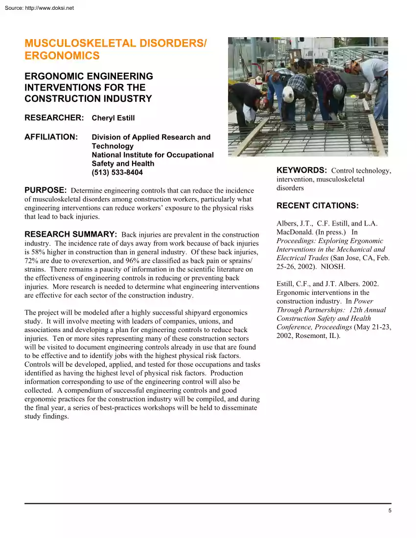 Musculoskeletal Disorders, Ergonomic Engineering Interventions for the Construction Industry