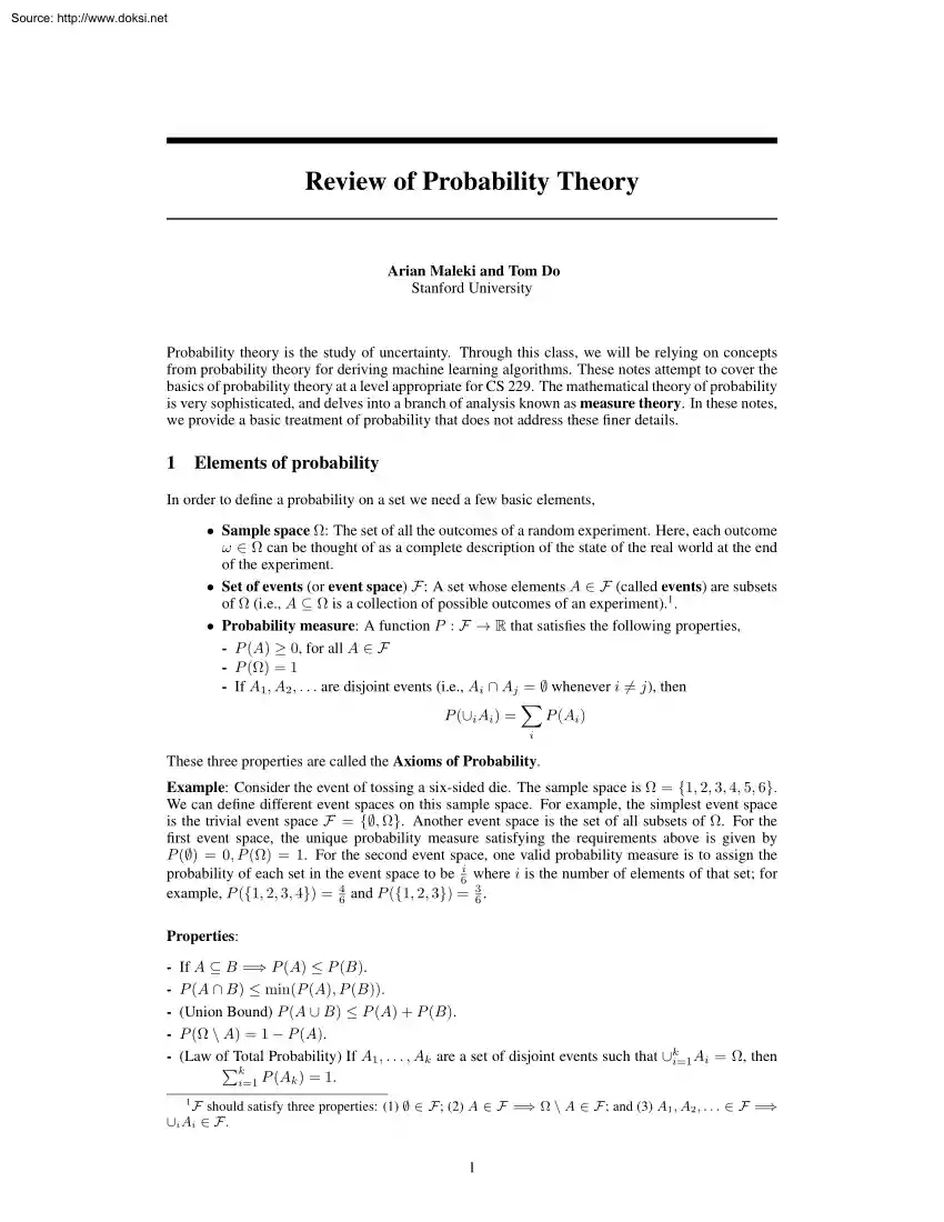 Arian Maleki and Tom Do - Review of Probability Theory