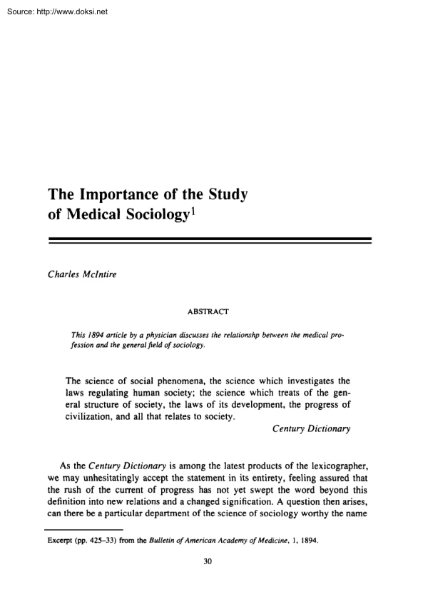 Charles McIntire - The Importance of the Study of Medical Sociology