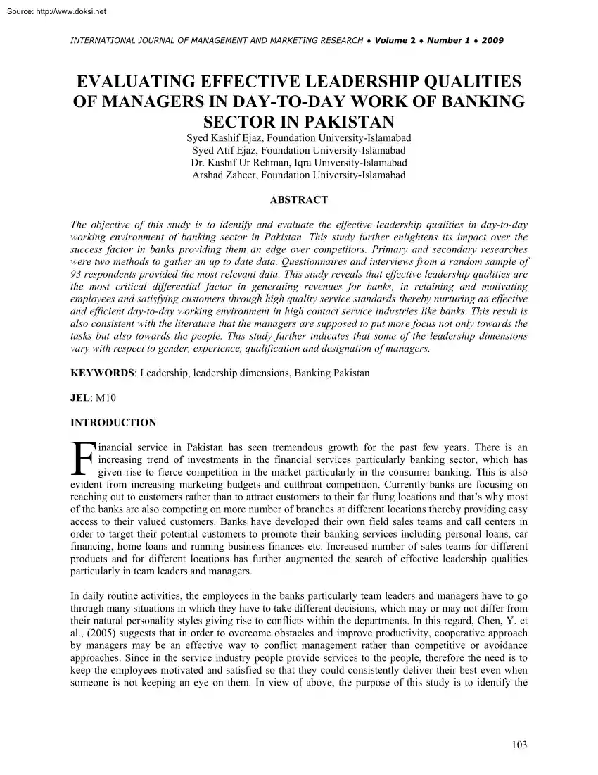 Evaluating effective leadership qualities of managers in day-to-day work of banking sector in Pakistan