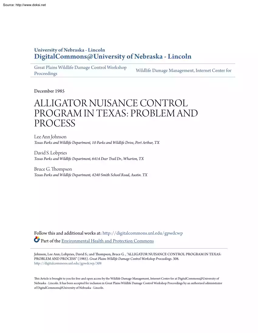Johnson-Lobpries-Thompson - Alligator Nuisance Control Program in Texas, Problem and Process