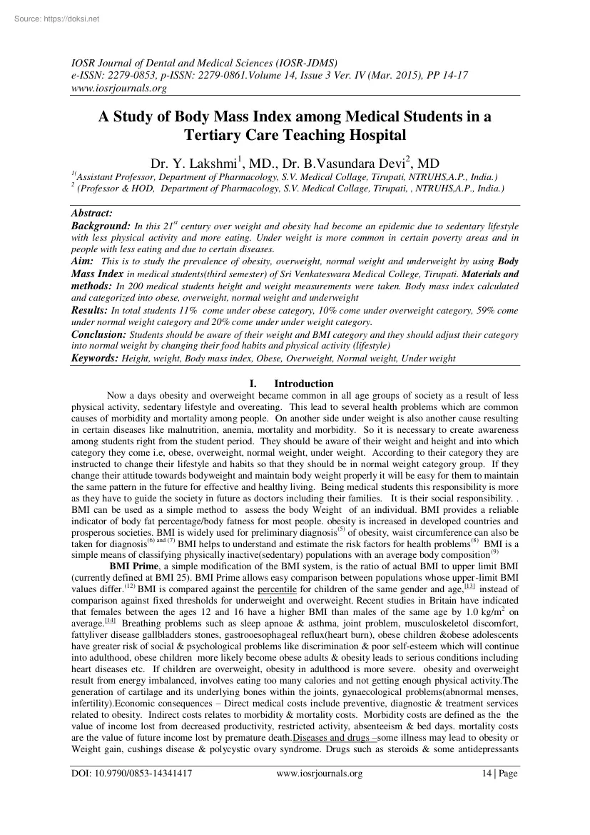 A Study of Body Mass Index among Medical Students in a Tertiary Care Teaching Hospital