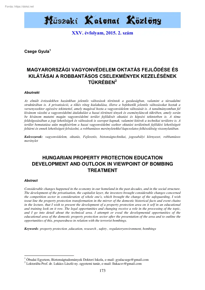 Csege Gyula - Magyarországi vagyonvédelem oktatás fejlődése és kilátásai a robbantásos