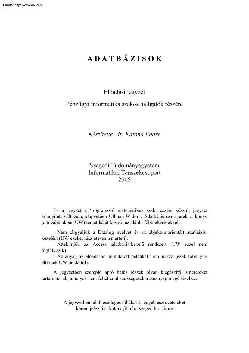 Dr. Katona Endre - Adatbázisok előadásjegyzet, 2005
