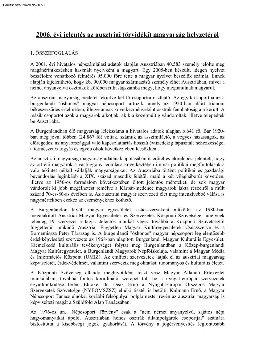 2006. évi jelentés az ausztriai (őrvidéki) magyarság helyzetéről