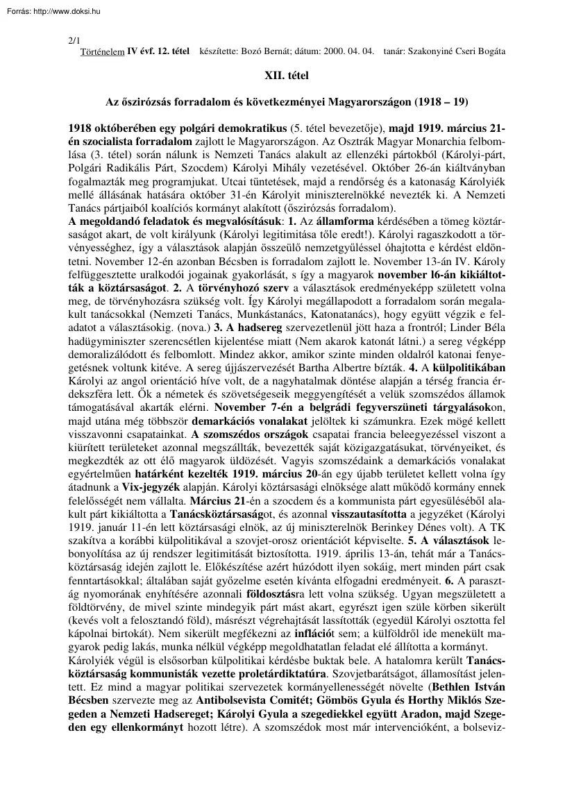 Bozó Bernát - Az őszirózsás forradalom és következményei Magyarországon