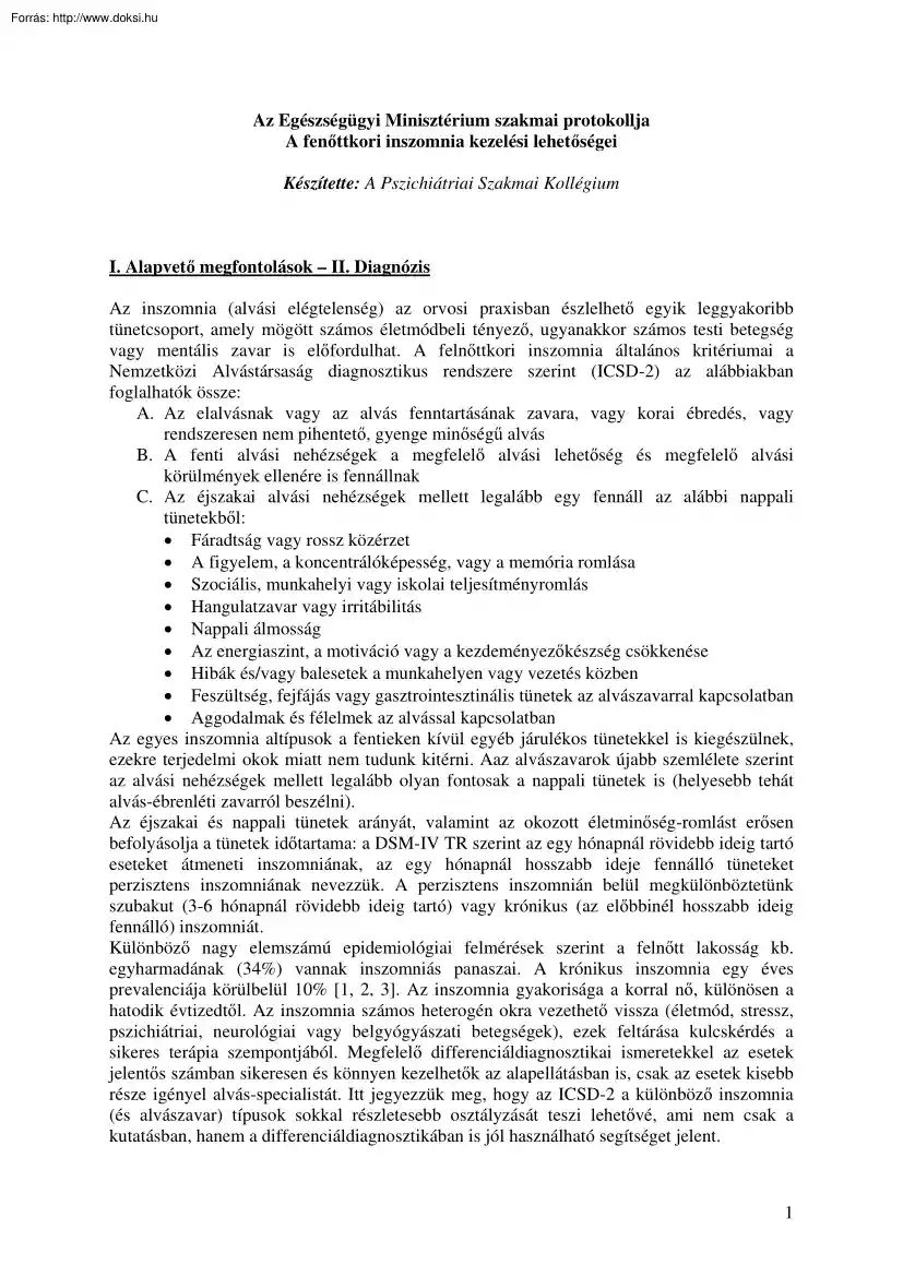 Az Egészségügyi Minisztérium szakmai protokollja, A felnőttkori inszomnia kezelési