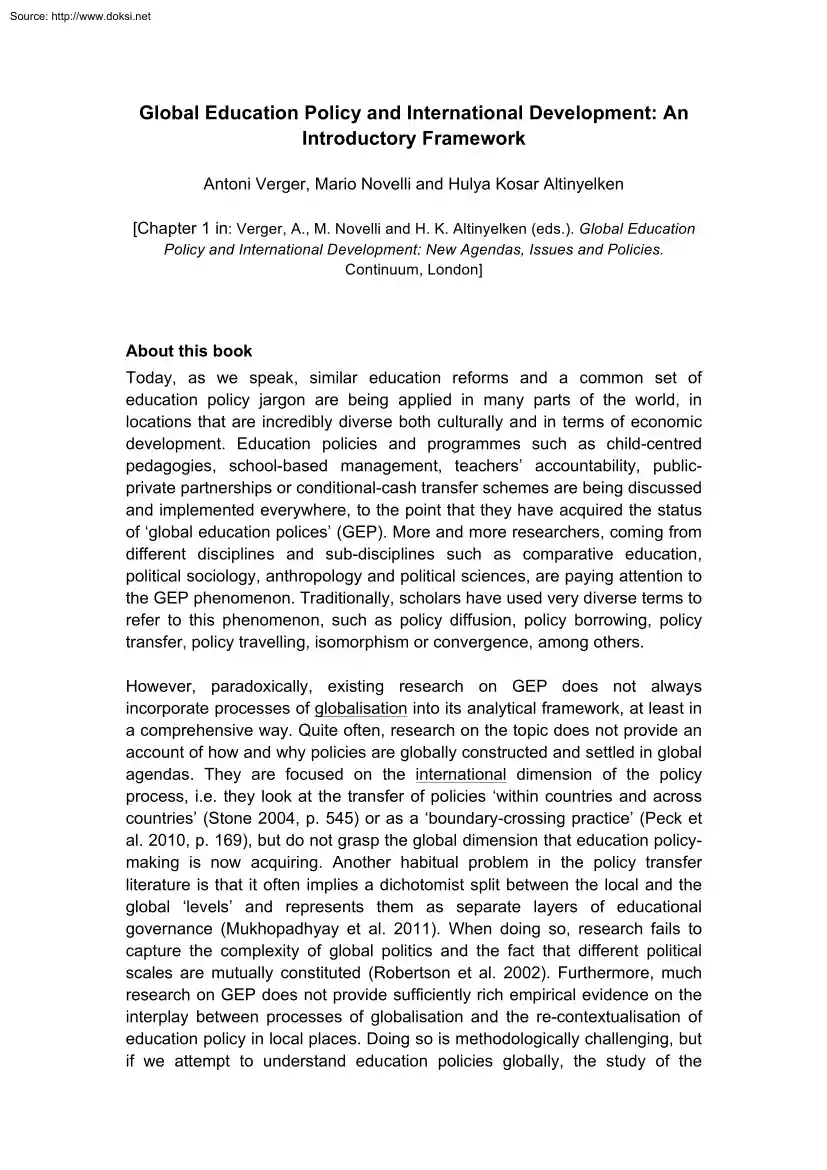 Verger-Novelli-Kosar - Global Education Policy and International Development, An Introductory