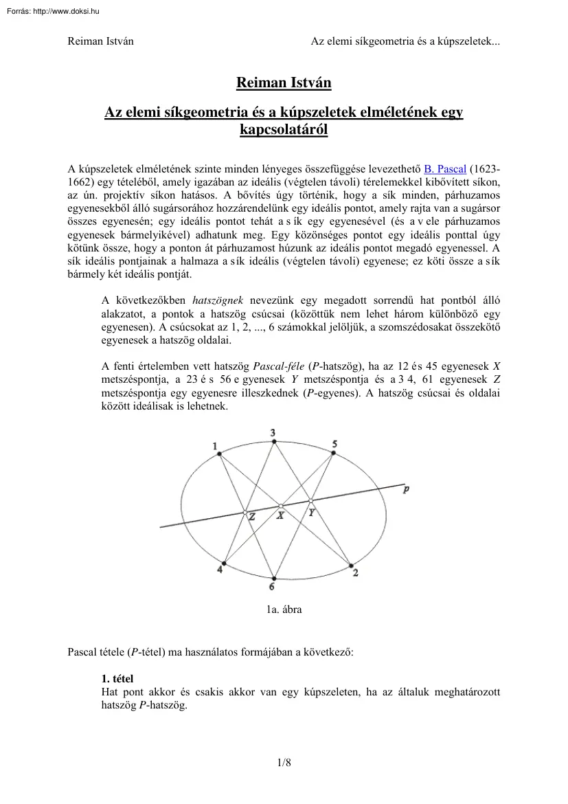 Reiman István - Az elemi síkgeometria és a kúpszeletek elméletének egy kapcsolatáról