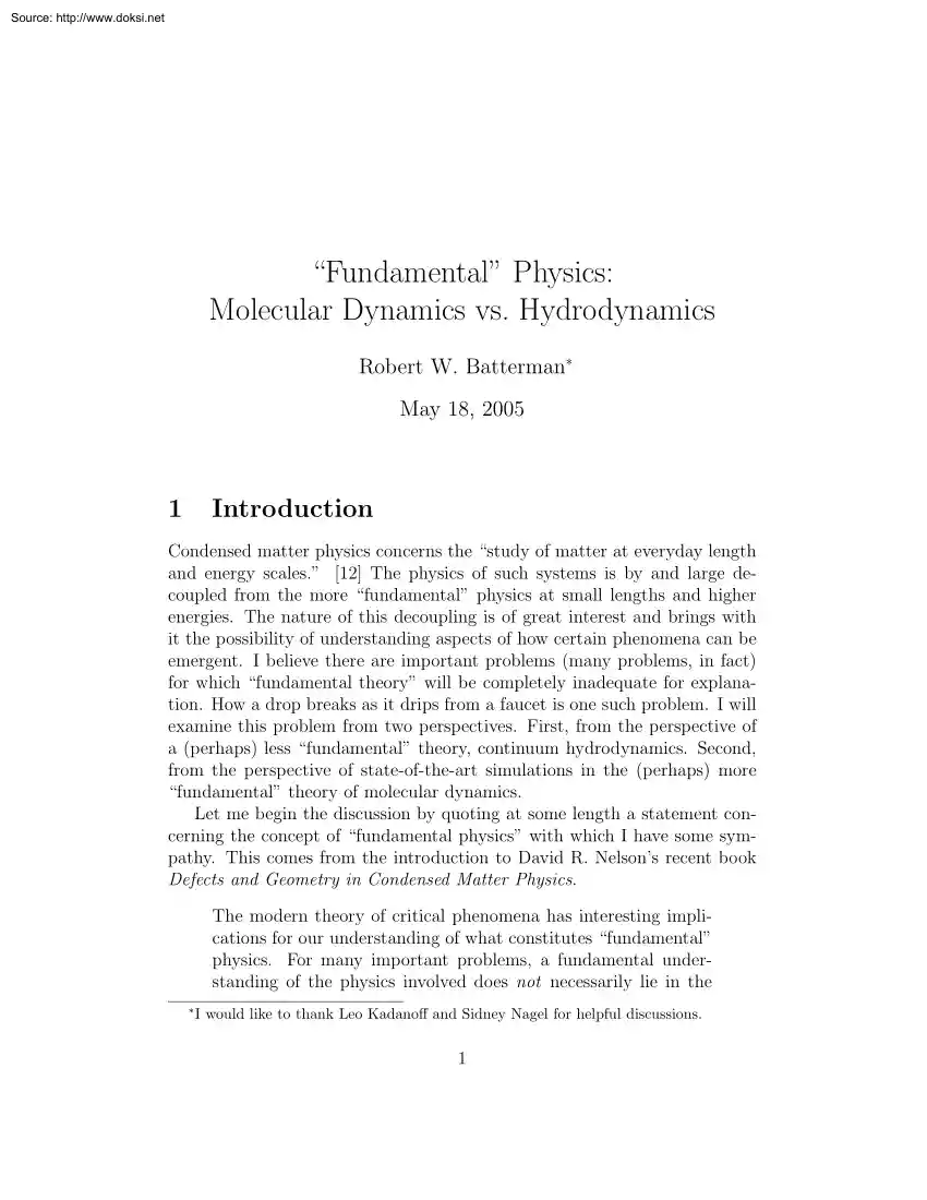 Robert W. Batterman - Fundamental Physics, Molecular Dynamics vs Hydrodynamics