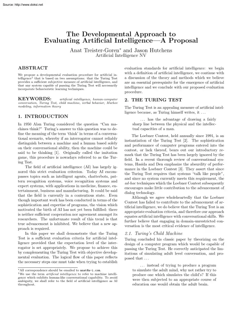 Goren-Hutchens - The Developmental Approach to Evaluating Articial Intelligence, A Proposal