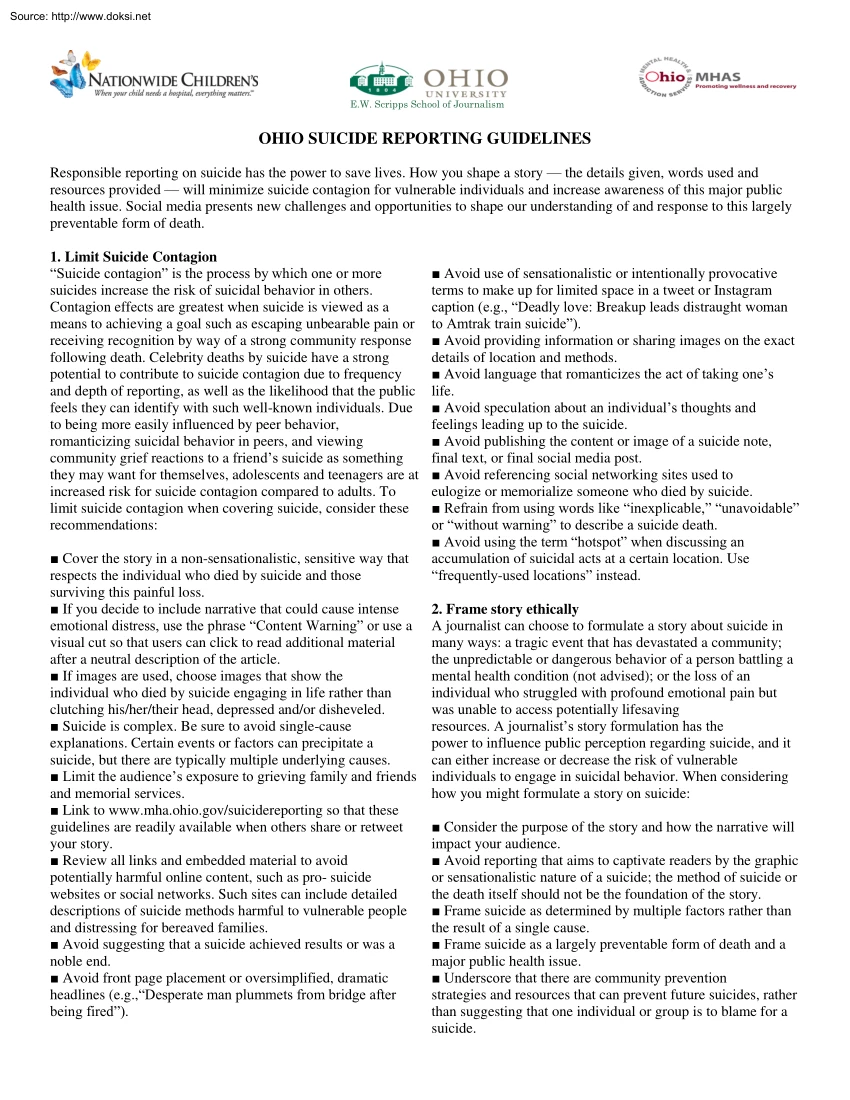 Ohio Suicide Reporting Guidelines