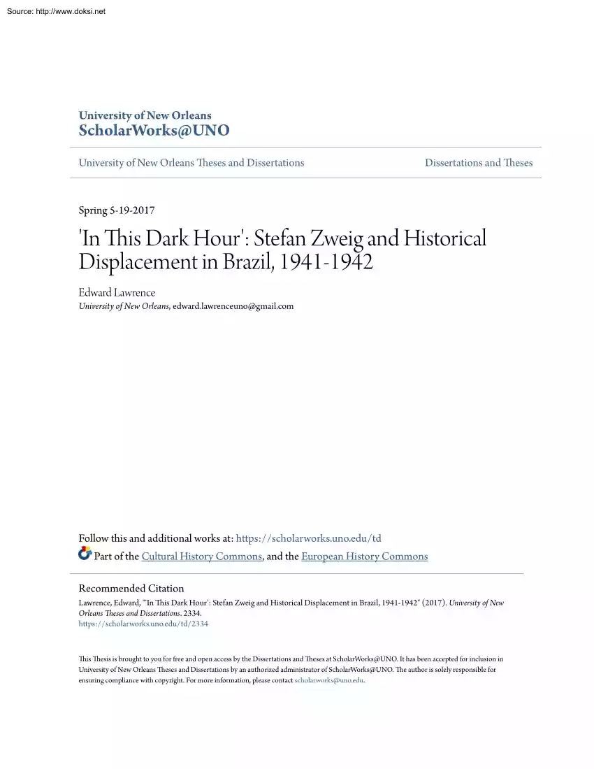 Edward Lawrence - In This Dark Hour, Stefan Zweig and Historical Displacement in Brazil, 1941-1942