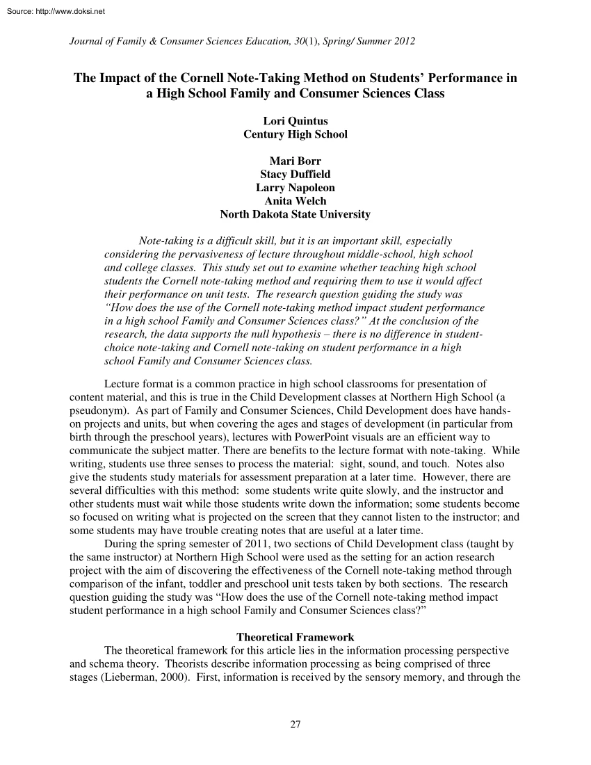 The Impact of the Cornell Note, Taking Method on Students Performance in a High School Family and Consumer Sciences Class