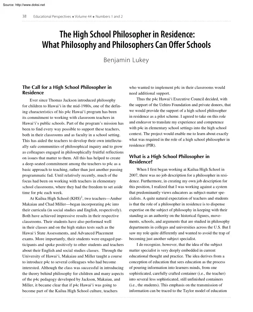 Benjamin Lukey - The High School Philosopher in Residence, What Philosophy and Philosophers Can Offer Schools