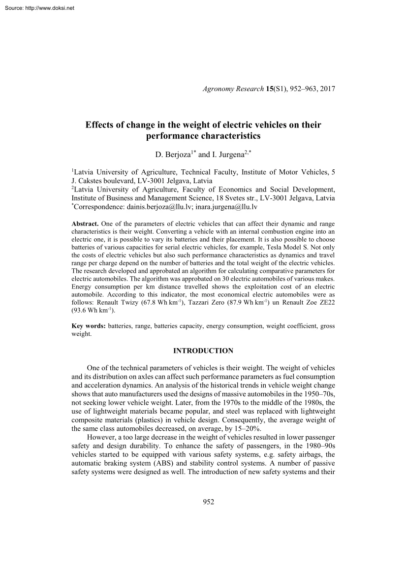 Berjoza-Jurgena - Effects of Change in the Weight of Electric Vehicles on their Performance Characteristics