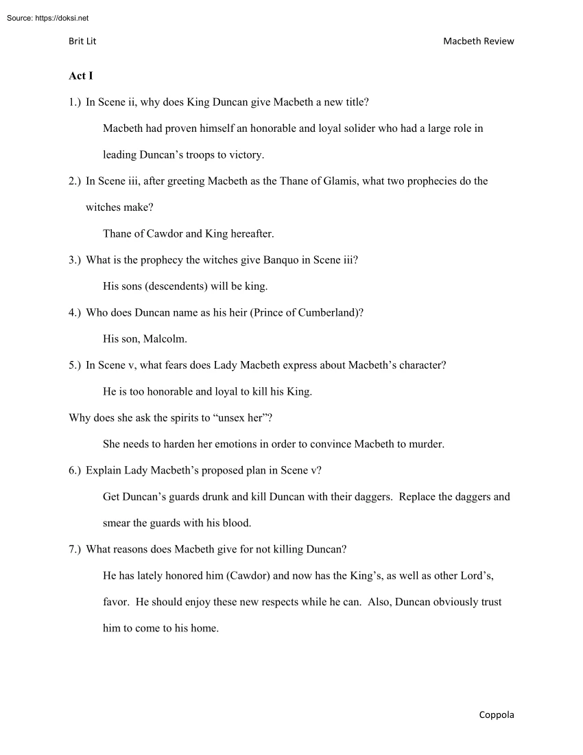Macbeth Review, Act I Questions and Answers