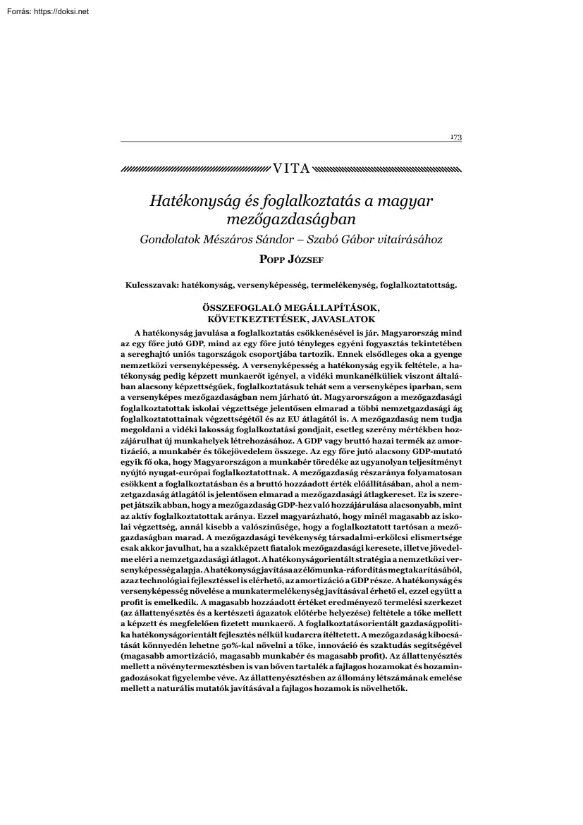 Popp József - Hatékonyság és foglalkoztatás a magyar mezőgazdaságban