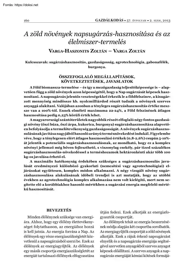 Varga-Haszonits-Varga - A zöld növények napsugárzás-hasznosítása és az élelmiszer-termelés