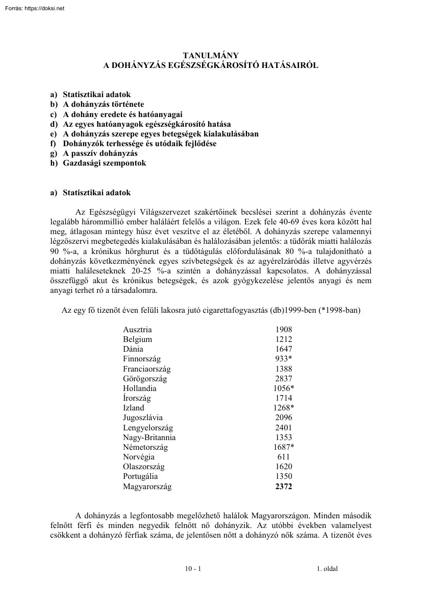 Tanulmány a dohányzás egészségkárosító hatásairól