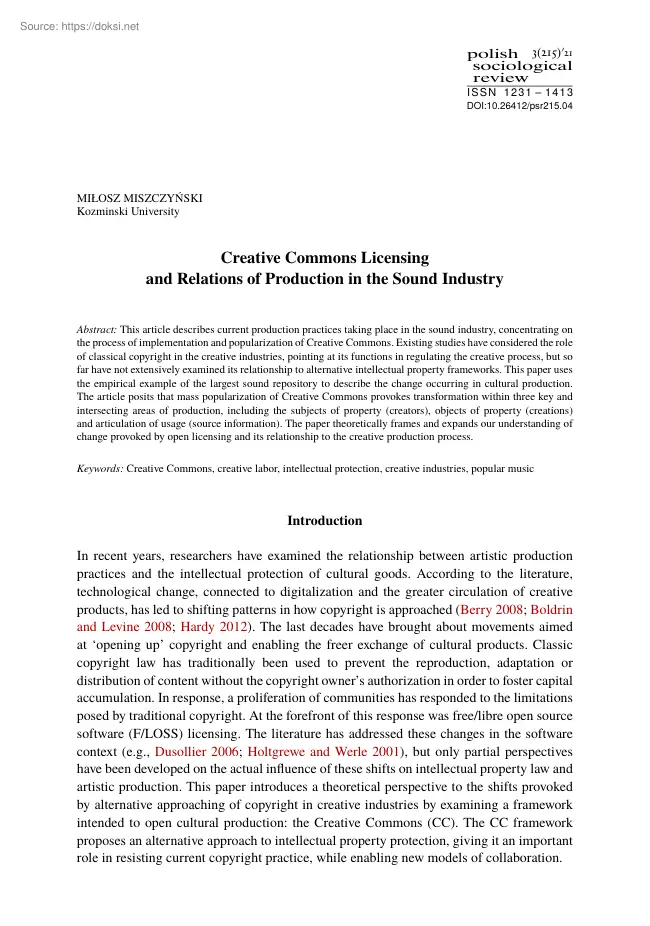 Milosz Miszczynski - Creative Commons Licensing and Relations of Production in the Sound Industry
