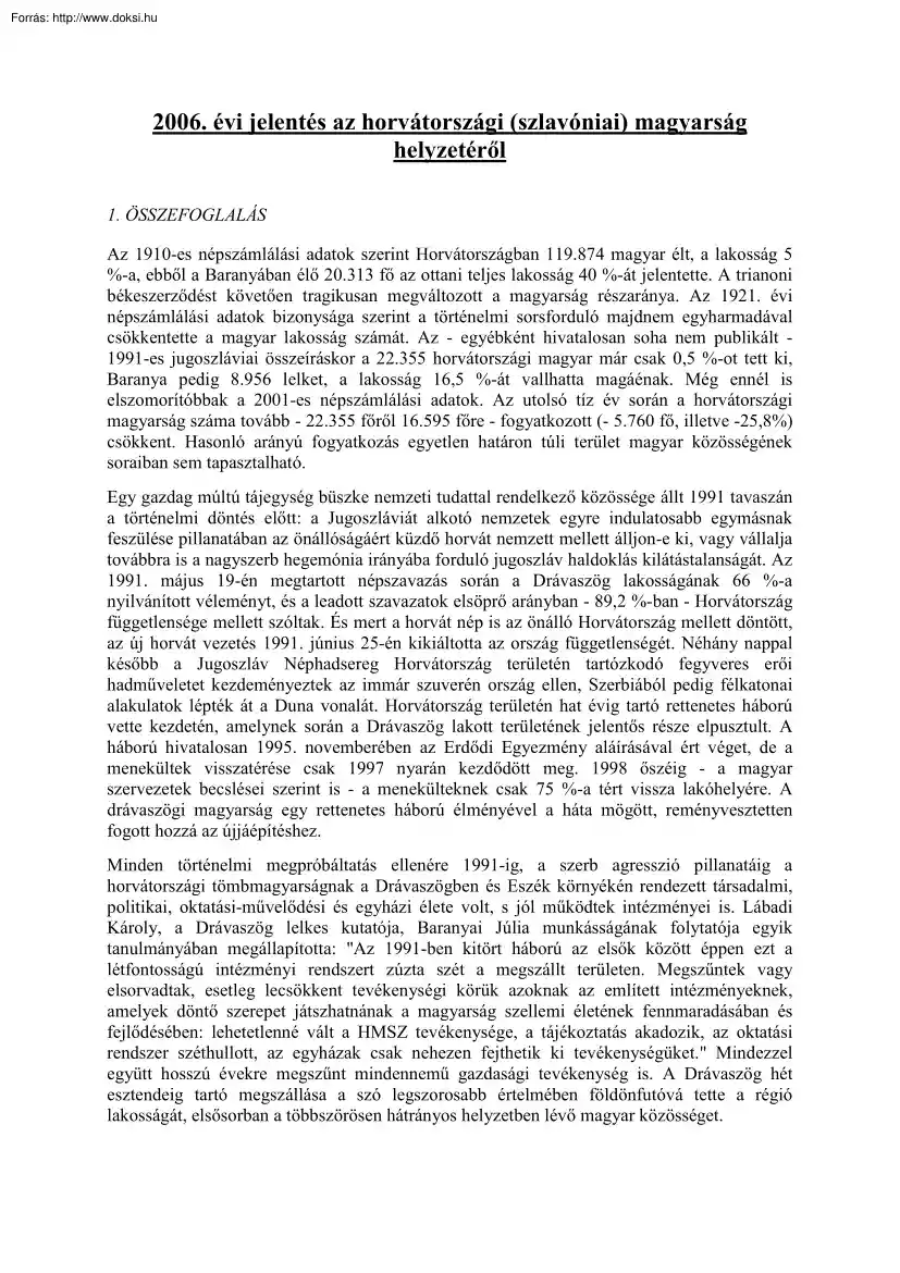 2006. évi jelentés a horvátországi (szlavóniai) magyarság helyzetéről