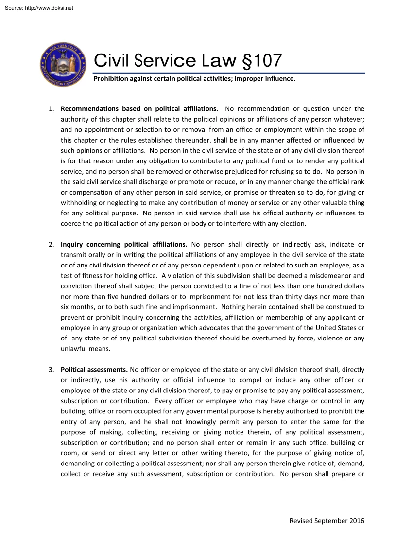 Civil Service Law Paraghraph 107, Prohibition Against Certain Political Activities, Improper Influence