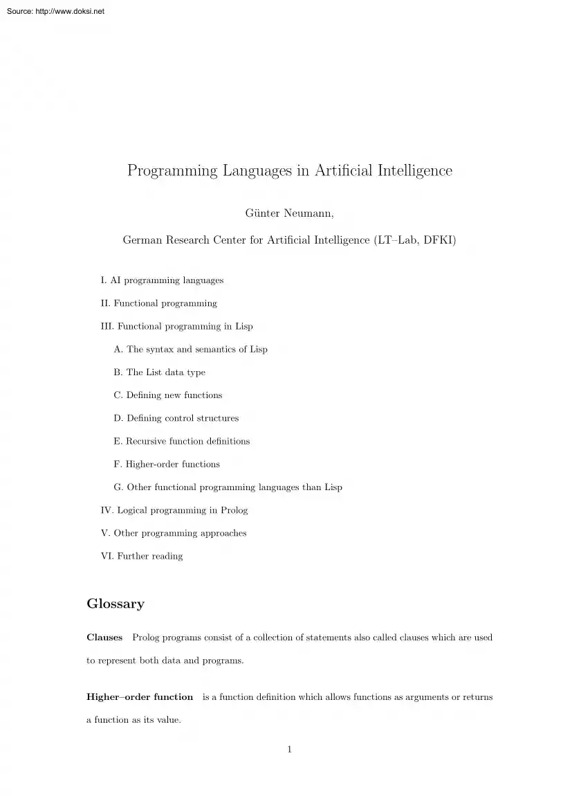 Günter Neumann - Programming Languages in Artificial Intelligence