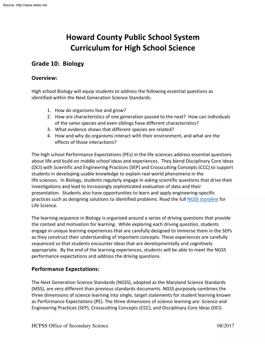 Howard County Public School System Curriculum for High School Science