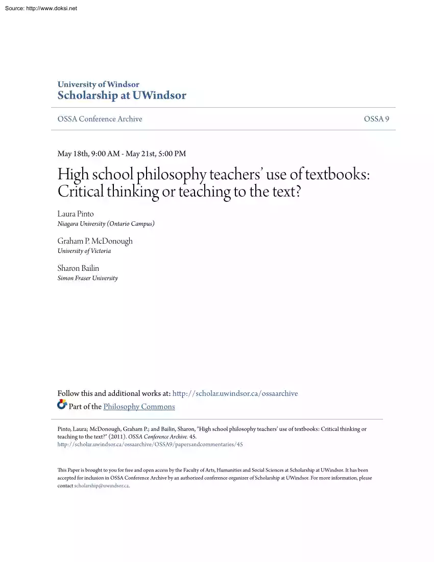 High school philosophy teachers use of textbooks, Critical thinking or teaching to the text
