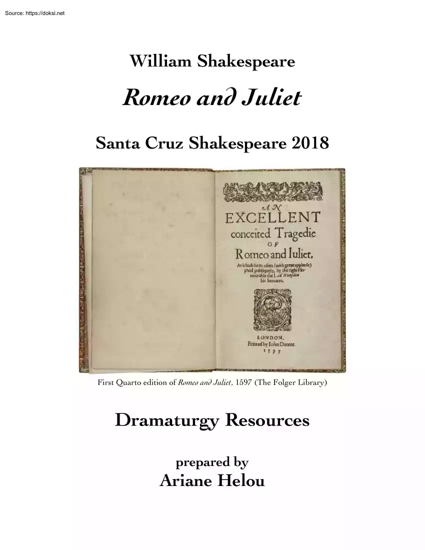 Ariane Helou - William Shakespeare, Romeo and Juliet, Dramaturgy Resources