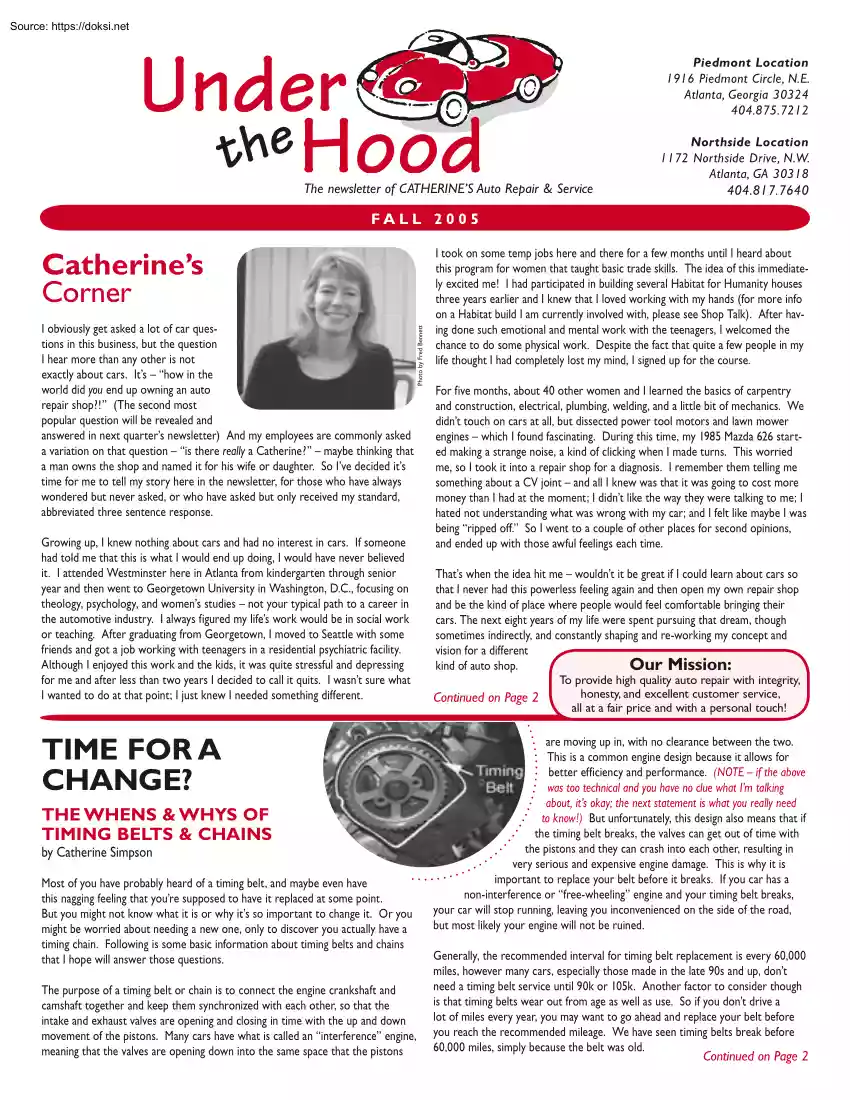 Under the Hood, The Newsletter of Catherines Auto Repair and Service